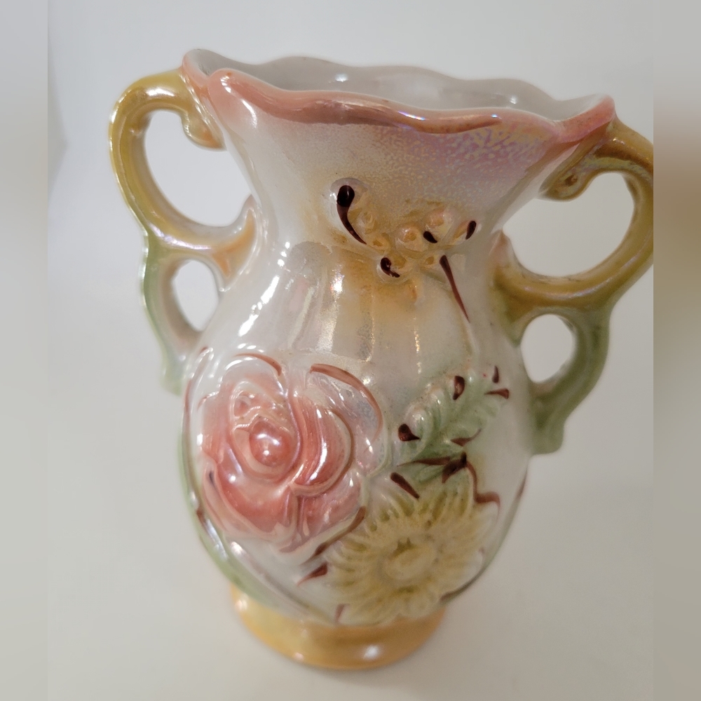 Vintage Ceramic Lusterware Vase Urn Made- Brazil Raised Floral Peach Green Pink